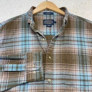Pendleton Shirt Mens L Brown Blue Mason Plaid Flannel Button Down RA351-79379